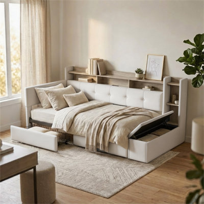 Full/Twin Size Upholstered Daybed with Storage Footstool, USB Charging, and LED Lights - Choose Storage Drawers or Trundle