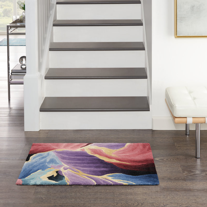 Handmade Hand Tufted Rectangle Viscose Area Rug in Red/Purple/Blue, Rectangle 2' x 3'