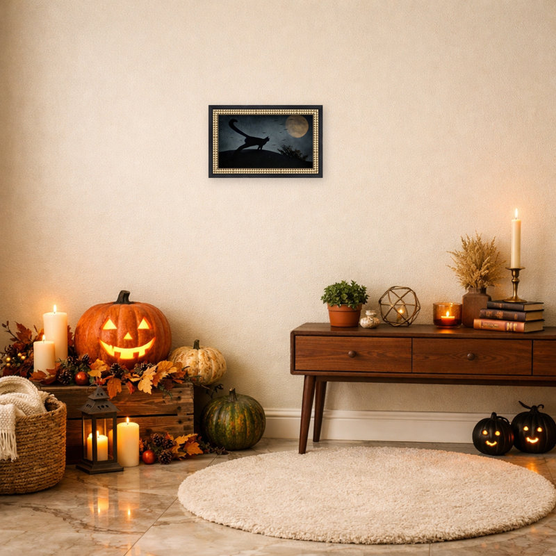 «Spooky Full Moon Cat» par Robert Fabrowski, reproduction d'art sur toile encadrée, L 14 po x H 9 po