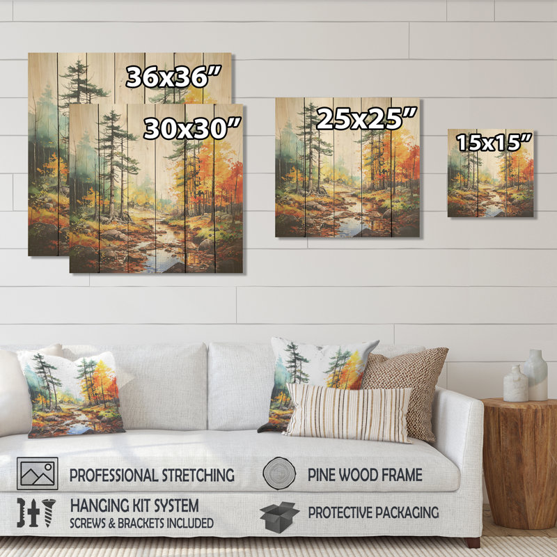 Jaune et orange, rivière d'automne, tranquillité I - rivière sur bois, H 30 po x l 30 po