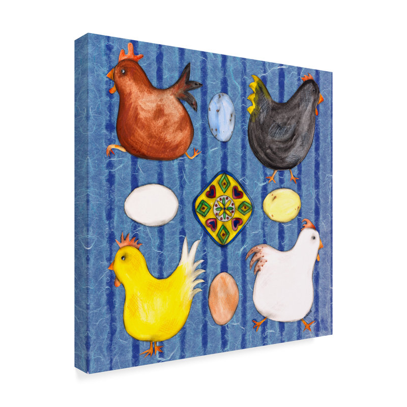 « folk poulets », reproduction de peinture à l’acrylique sur toile tendue, H 18 po x l 18 po x P 2 po