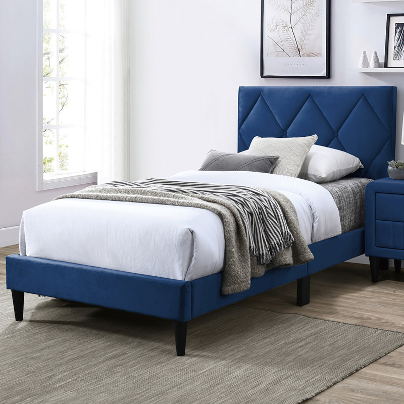 Tête de lit tapissier réglable en velours capitonné, Bleu, Simple
