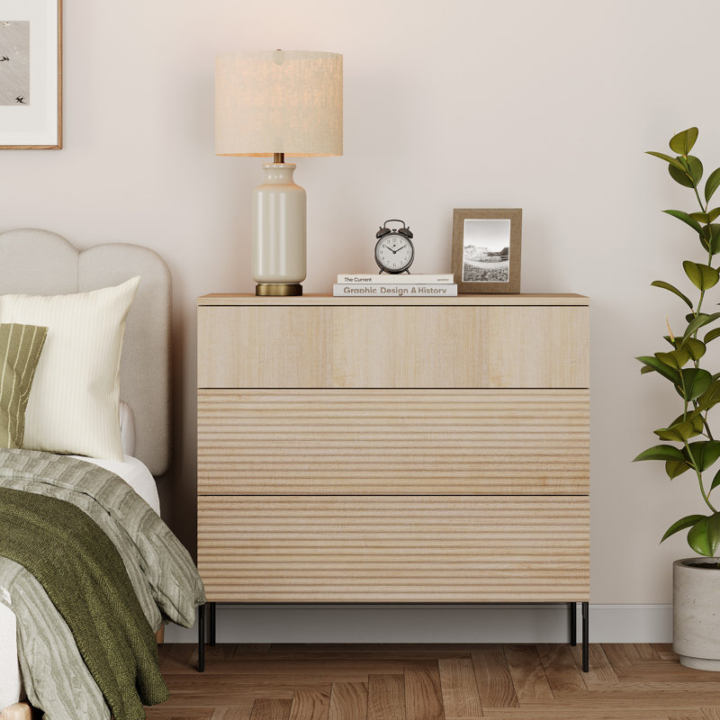 Union Rustic Modern Minimalist Wood Nightstand With 3 Drawers ,31.5" Large End Table,Reeded Design Bedside Table For Bedroom, Living Room,Entryway