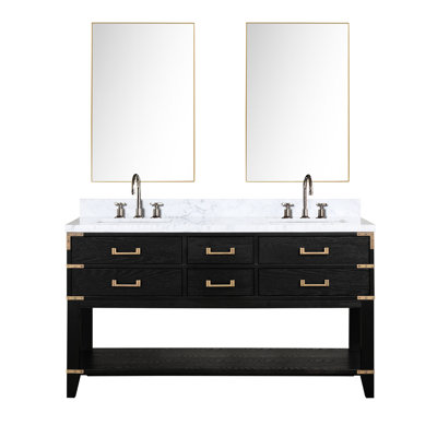 Meuble-lavabo double en chêne noir avec comptoir en marbre, robinet et 28 miroirs muraux, finition large à la main, surface, robinet, poignée scellée deux fois
