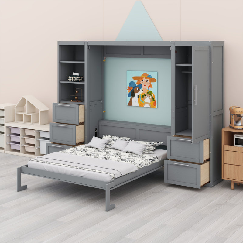 Lit escamotable mural Murphy avec placard intégré, tiroirs et tablettes, Gris