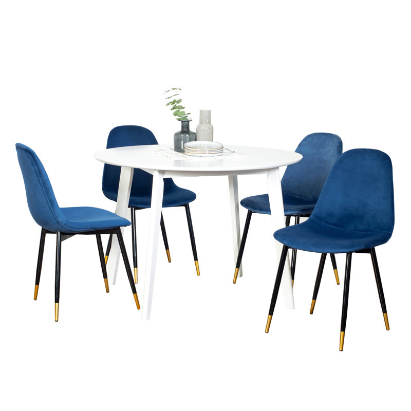 Contemporary 5-Piece Dining Set, White Round Dining Table With 4 Chairs, Blue