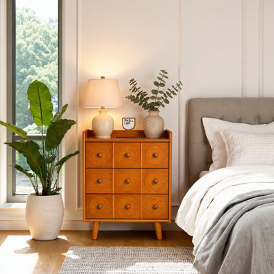 3-Drawer End Table with Charging Station, Bedside Table with Solid Wood Legs