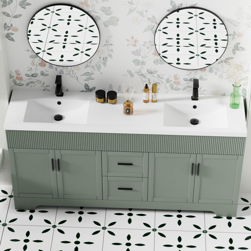 72" Integrated Double Sink Bathroom Vanity Top, Faucet and Drain
