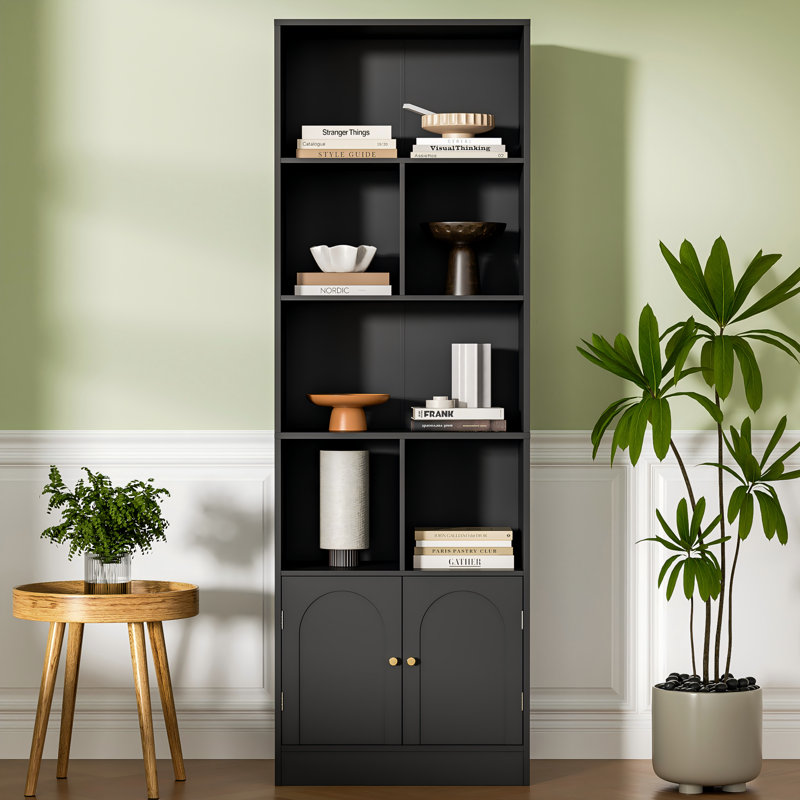 Bibliothèque de 71 po de hauteur avec 6 cubes et 2 portes, bibliothèque à 4 niveaux, bibliothèque ouverte avec armoire, rangement à cubes moderne pour le salon et le bureau, noir