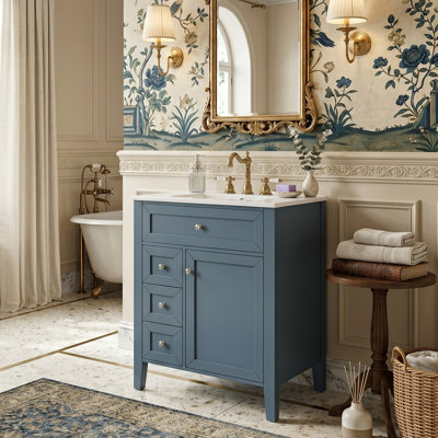 Meuble-lavabo autoportant 24 po moderne avec comptoir central en céramique de 4 po, plateau inclinable avec zone d'angle mort sur 2 tiroirs asymétriques et porte à fermeture en douceur droite avec support intégré (vert clair et gris-bleu)
