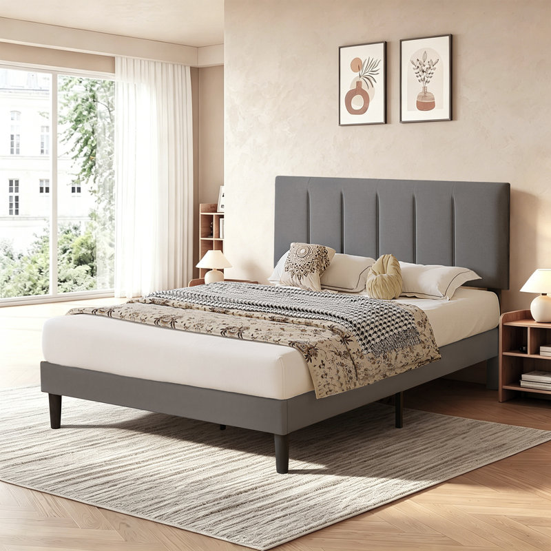 Double Size Platform Bed Frame With Adjustable Upholstered Headboard, Wooden Slats Support, No Box Spring Needed, Easy to Assembly