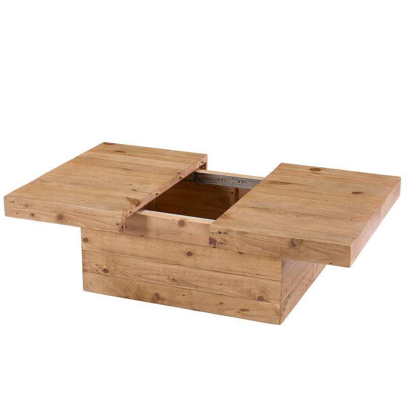 Table basse rectangulaire en bois massif avec plateau de rangement coulissant, Natural