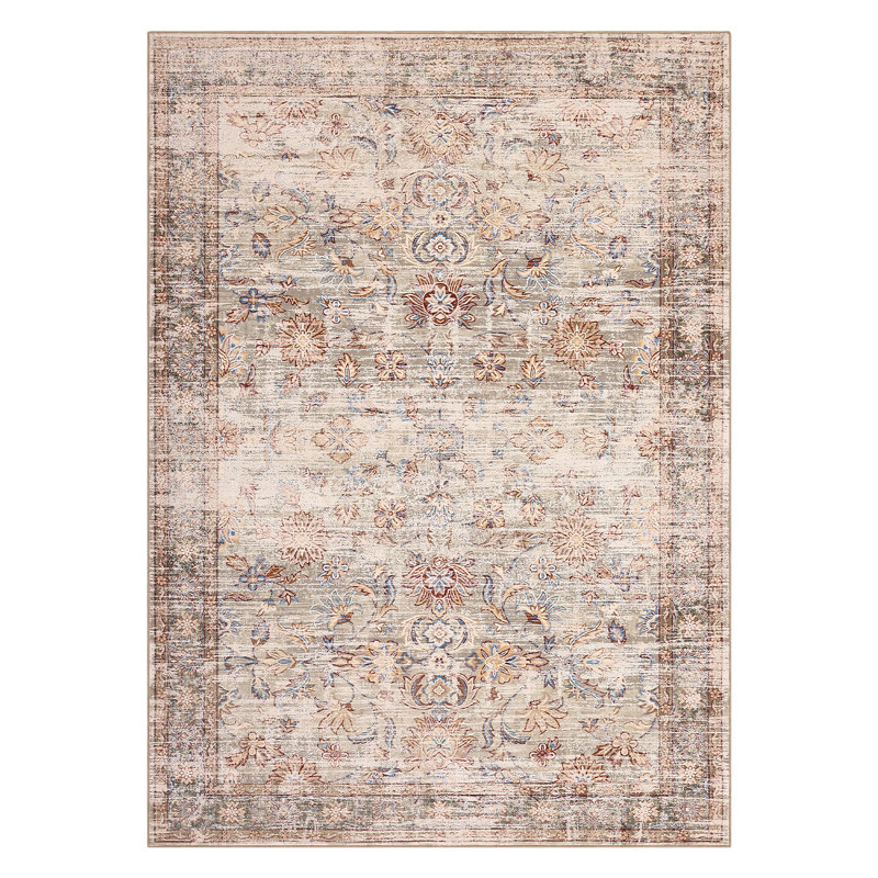 Tapis lavable de style vintage à motifs floraux vieillis, Crème, 10*13