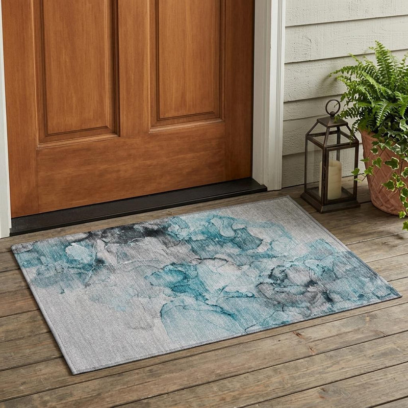 2' X 3' Teal Abstract Washable Non Skid Indoor Outdoor Area Rug