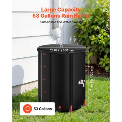 Collapsible Rain Barrel, 53 Gallon Portable Rain Water Collection Barrel, 1000D PVC Rainwater Collection System, Garden Water Catcher Tank Storage Container with Spigot & Overflow Kit, Black