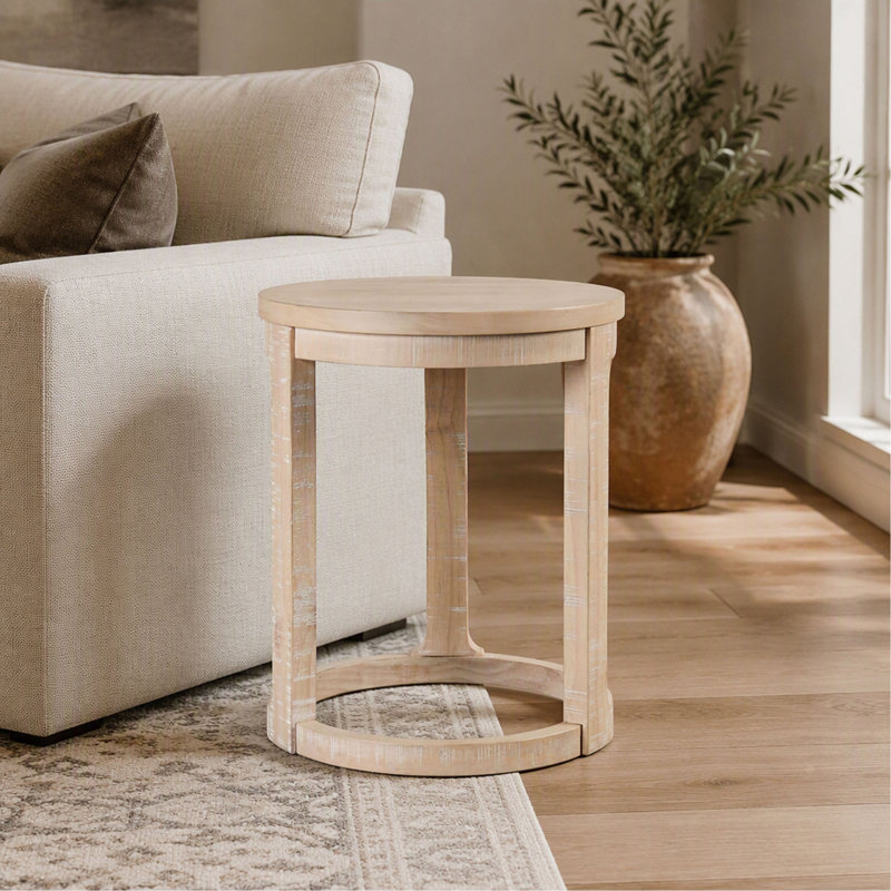 Table de bout - Plateau rond - Tablette inférieure intégrée - Finition naturelle - Style transitionnel