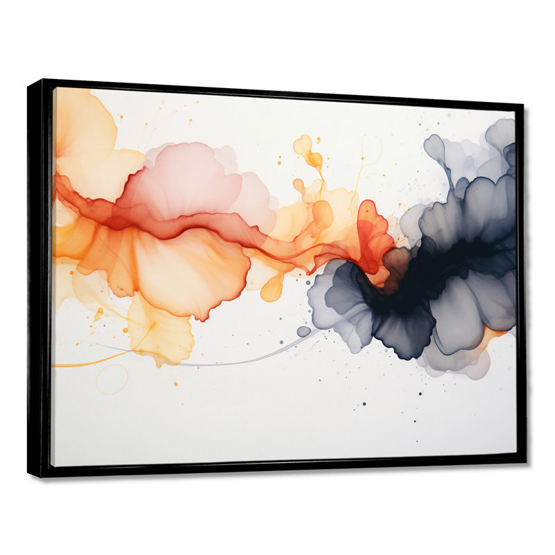 «Ephemeral Red Touching Darkness», art mural abstrait encre liquide, Cadre flottant noir, H 12 po x l 20 po x P 1 po