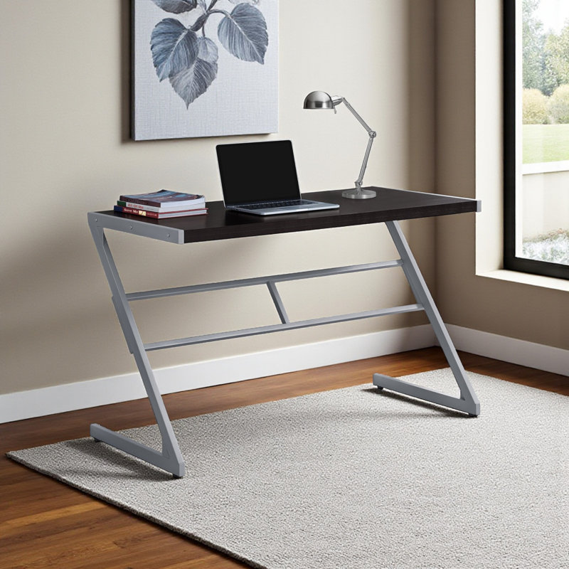 Gallo Dark Brown Finish Computer Desk with Z-Shape Silver Metal Leg, 29.88" H X 47.76" W X 21.77" D