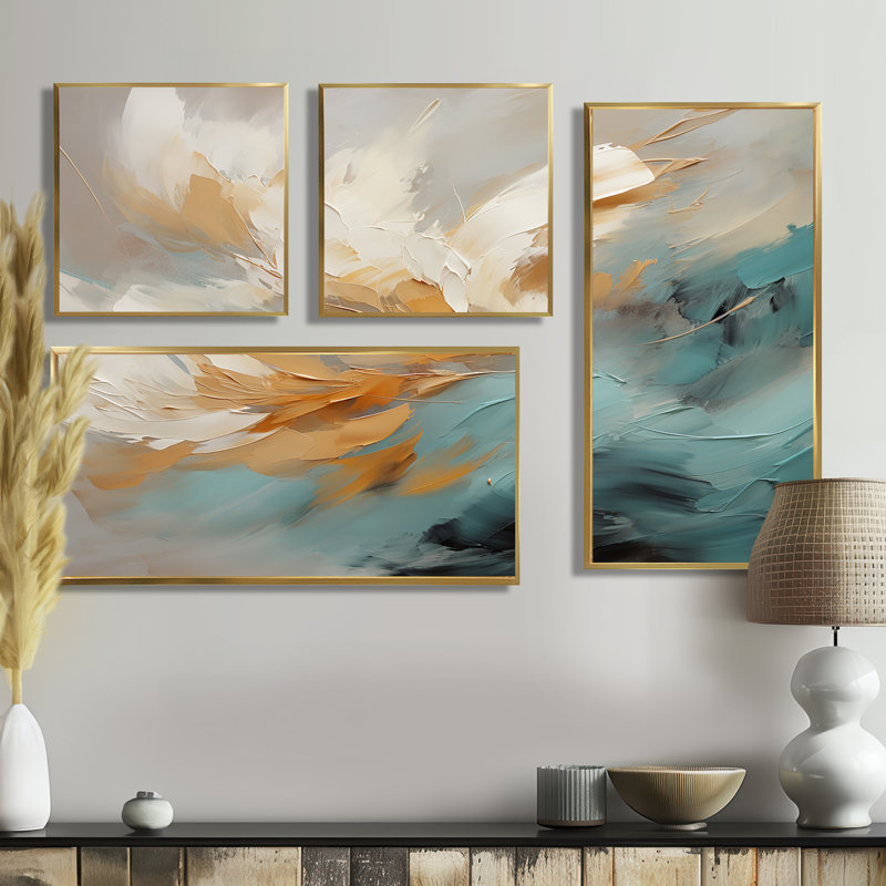 Hockman - Grande peinture murale abstraite, 4 pièces, Impression encadrée sans passe-partout, Doré