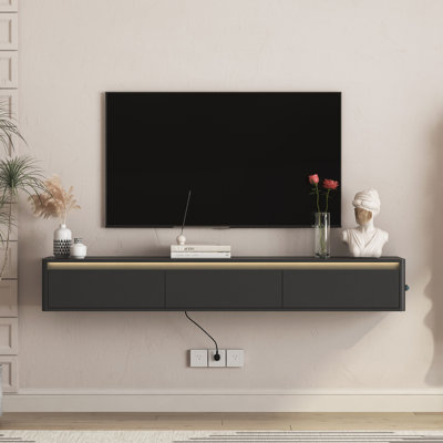 Floating TV Stand, Wall Mounted TV Shelf with Led Lights & Power Outlet,High  TV Cabinet for Black tv Stands for Living Room