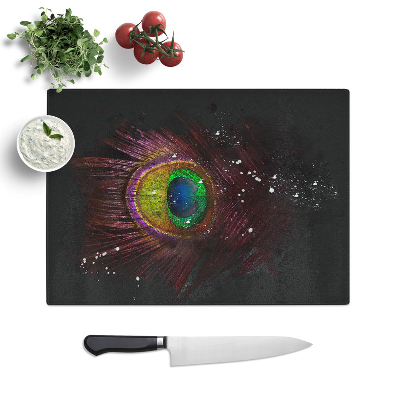 Tempered Glass Purple Peacock Feather Chopping Board, 20 cm x 28.5 cm