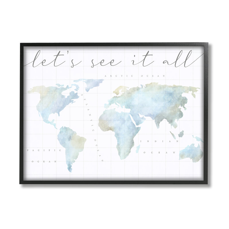 «Let's See It All World Map» encadrée sur bois par Lil 'Rue, impression, Giclée encadrée noir minuit, L 11 po x H 14 po