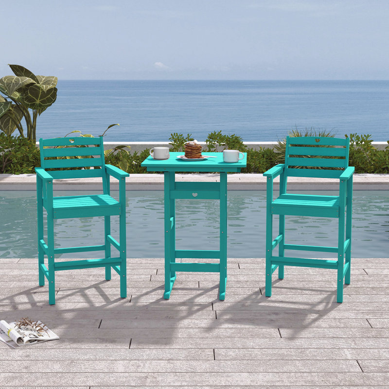 Bar Height Outdoor Table and Chairs Set, HDPE Wood Grain Patio Bar Table and Chairs with Heart Cutout Design, Blue