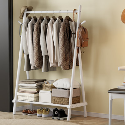 Solid Wood Clothing Rack, Freestanding Garment Organizer with Bottom Shelf and Side Hooks