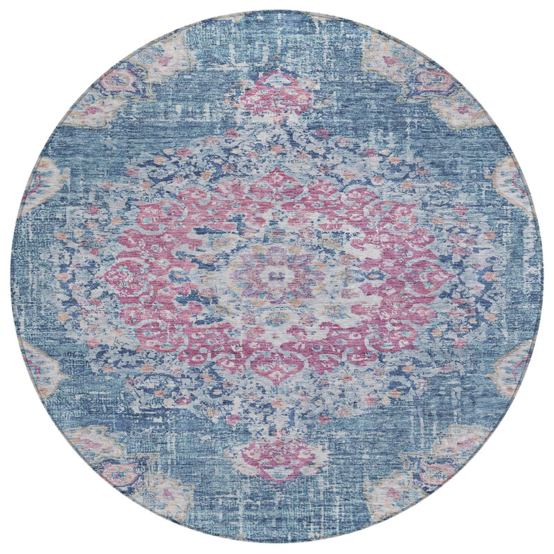 Machine Washable Indoor/Outdoor Claudian ACN1236 Blue Rug, Round 8'