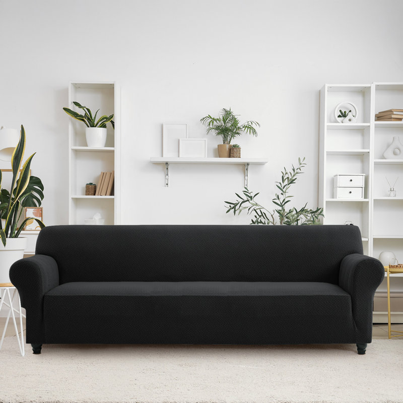 Durable Spandex Stretch Sofa Cover - Jacquard Pattern Sofa Slipcover & Furniture Protector, Black