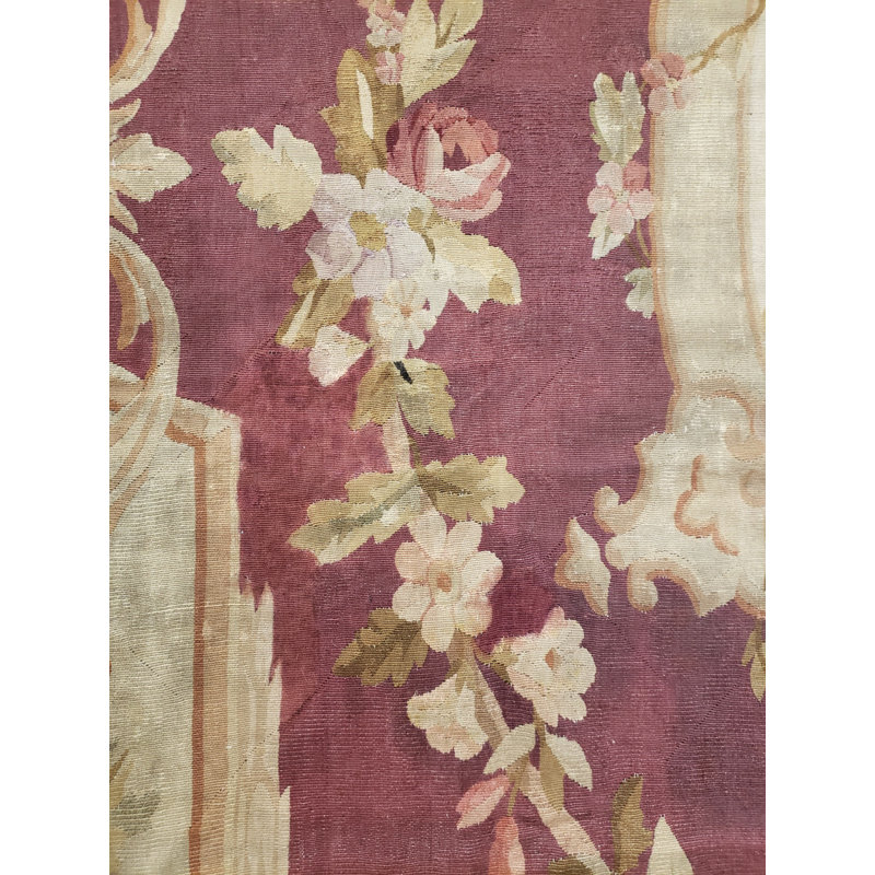 Tapis unique en laine beige / mauve tissé à la main avant 1900 de 8 pi 9 po x 12 pi 7 po
