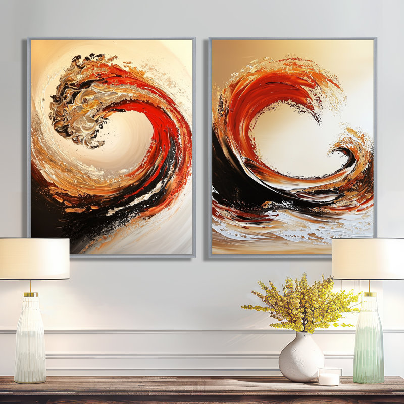 Golden and Red Coastal Waves I - ensemble de 2 décorations murales nautiques, H 32 po x l 48 po, Encadrement argenté