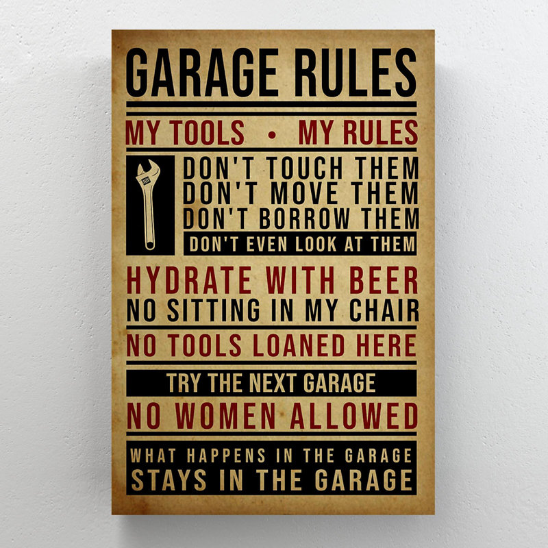 «Garage Rules - What Happens In The Garage, Stays In The Garage», reproduction d'art graphique sur toile tendue