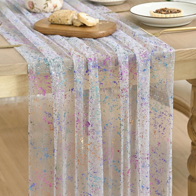 Colorful Gold Gauze Table Runner 59x120 Inch 10FT, Glitter Metallic Foil Sheer Dining Wedding Anniversary Holiday Birthday Table Decor for Home Party