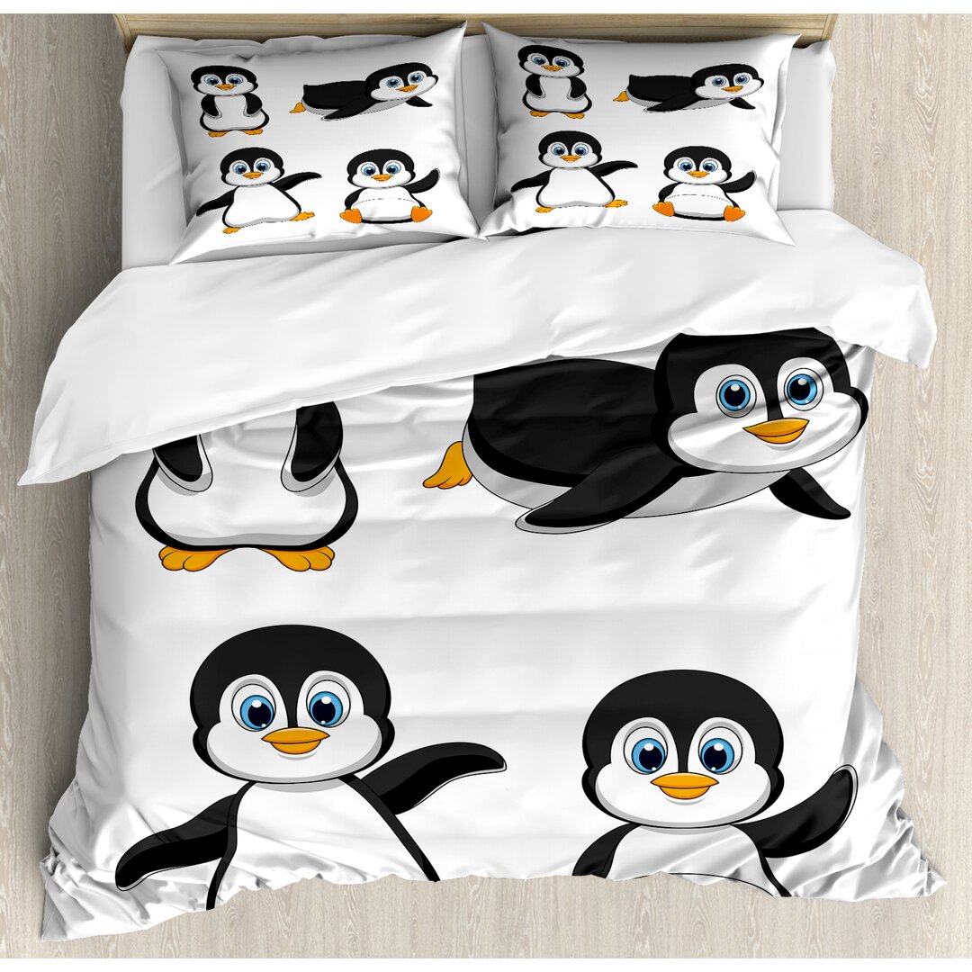 Bettbezug Set, Penguin Cartoon-Spaß, Baby, Schwarz Blau Orange