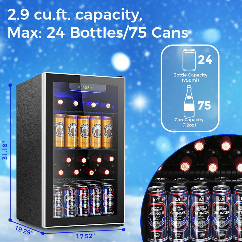 COWSAR 17.52'' 24 Bottle and 75 Can Single Zone Freestanding, Beverage Refrigerators & Coolers, Temperature Control, Reversible Door, Low Noise