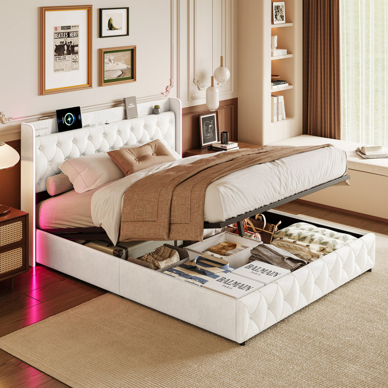 Beige Velvet Upholstered Ottoman Bed with LED & USB-C Charging Ports, Kingsize (5')
