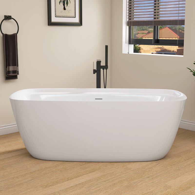 L 67 po x l 30 po x H 23 po. Baignoire de trempage en acrylique autoportante à deux pièces avec bonde en acier inoxydable blanc brillant