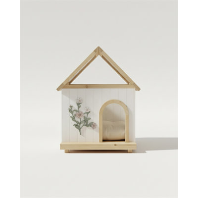 Transparent Roof Pet House With Floral Carving  FSC-Certified Cedar Indoor Shelter For Cats & Small Dogs 