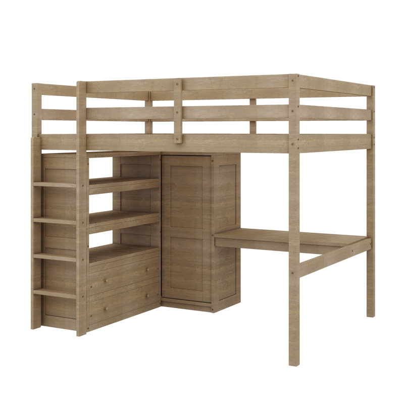 Lit mezzanine double en bois avec garde-robe, bureau, tablettes de rangement et tiroirs, Noyer