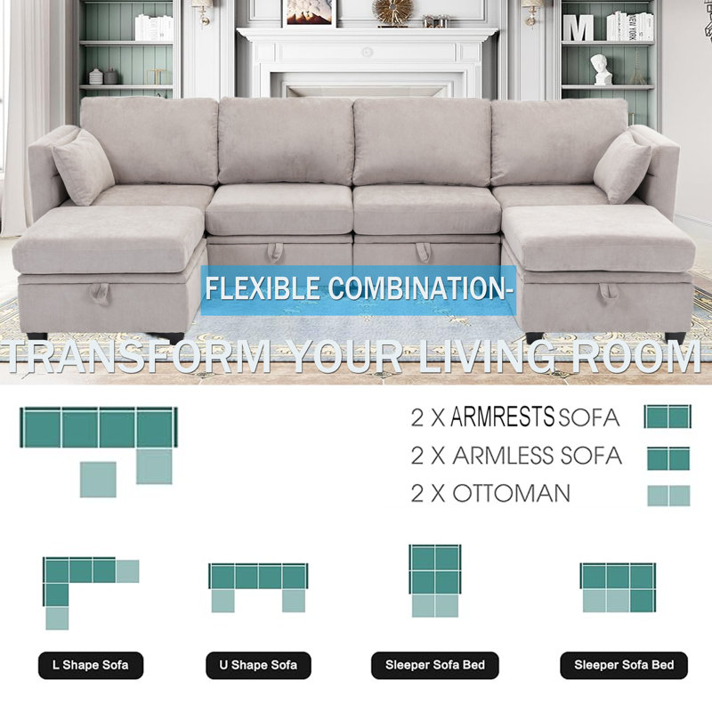 Canapé modulaire rembourré avec repose-pieds réversible Toxi, Gris clair