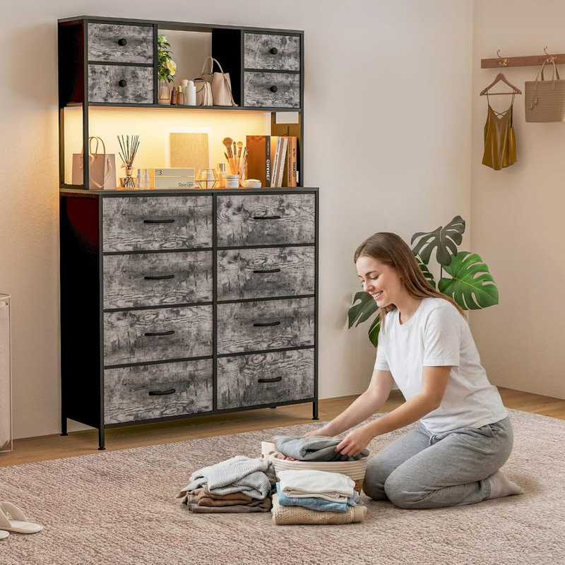 12-Drawer LED Dresser with Charging Station, Fabric & Wood Top Storage for Bedroom & Living Room, Gray