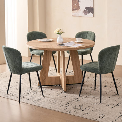 5-Piece Modern Round Dining Set, Natural Wood Grain Table With 4 Green Upholstered Chairs