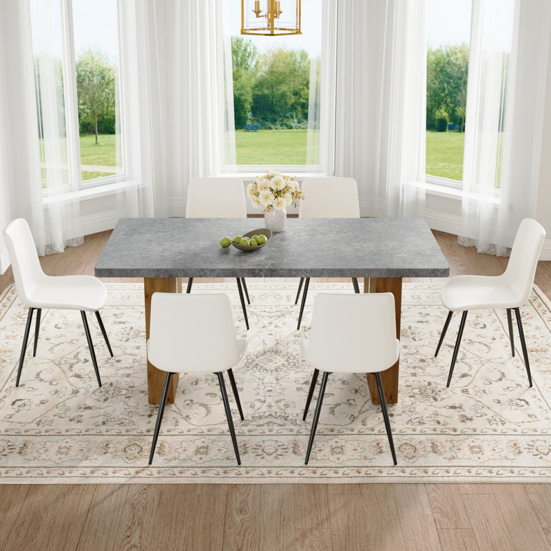 Ensemble de table et de chaises. Ensemble de salle à manger moderne en panneau de fibres à densité moyenne de 67 po x 35,4 po avec 6 chaises en cuir artificiel blanc et coussins arrondis. Convient aux restaurants, cuisines, salles à manger, etc.