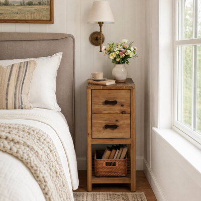 Narrow Solid Wood Nightstand with 2 Drawers & Open Shelf, Farmhouse End Table for Bedroom Living Room