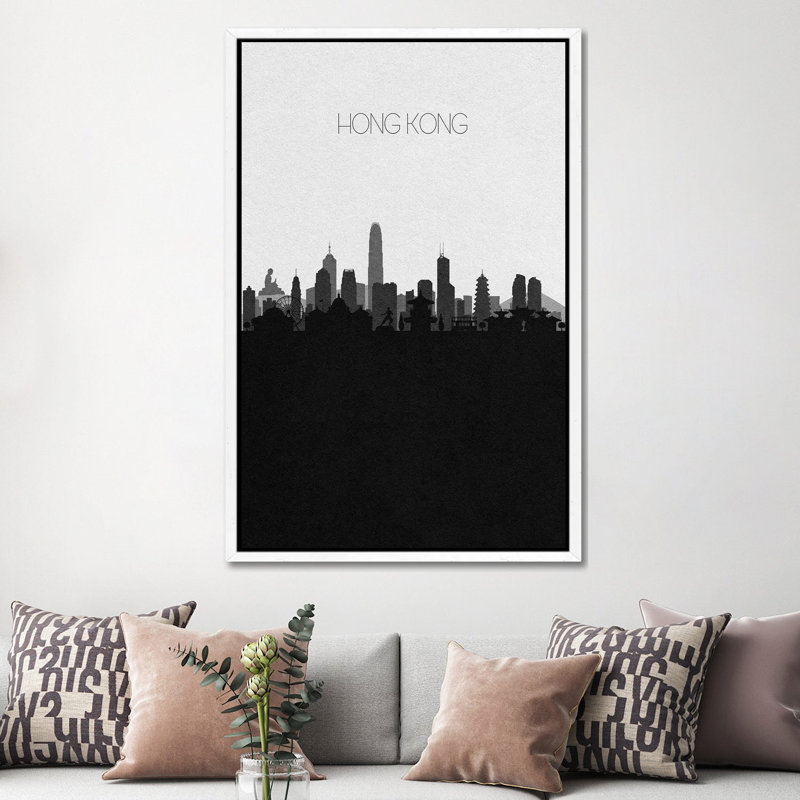 Hong Kong, China City Skyline by Ayse Deniz Akerman - Print on Canvas, 101.6 cm H x 66.04 cm W, White Framed Canvas
