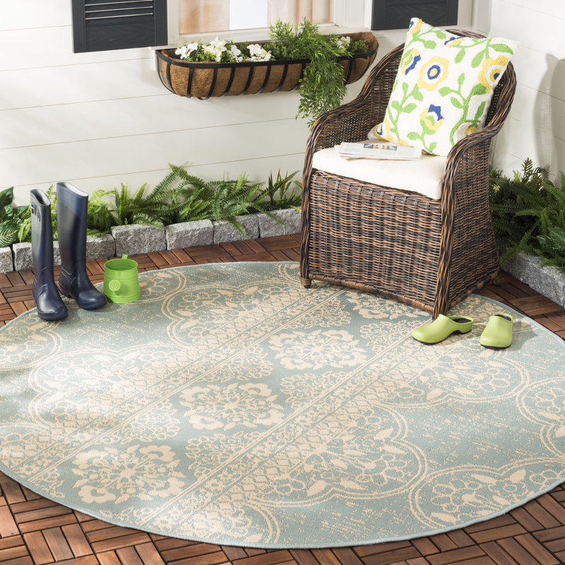 Danya Cream/Aqua Indoor/Outdoor Area Rug, Round 6'7"