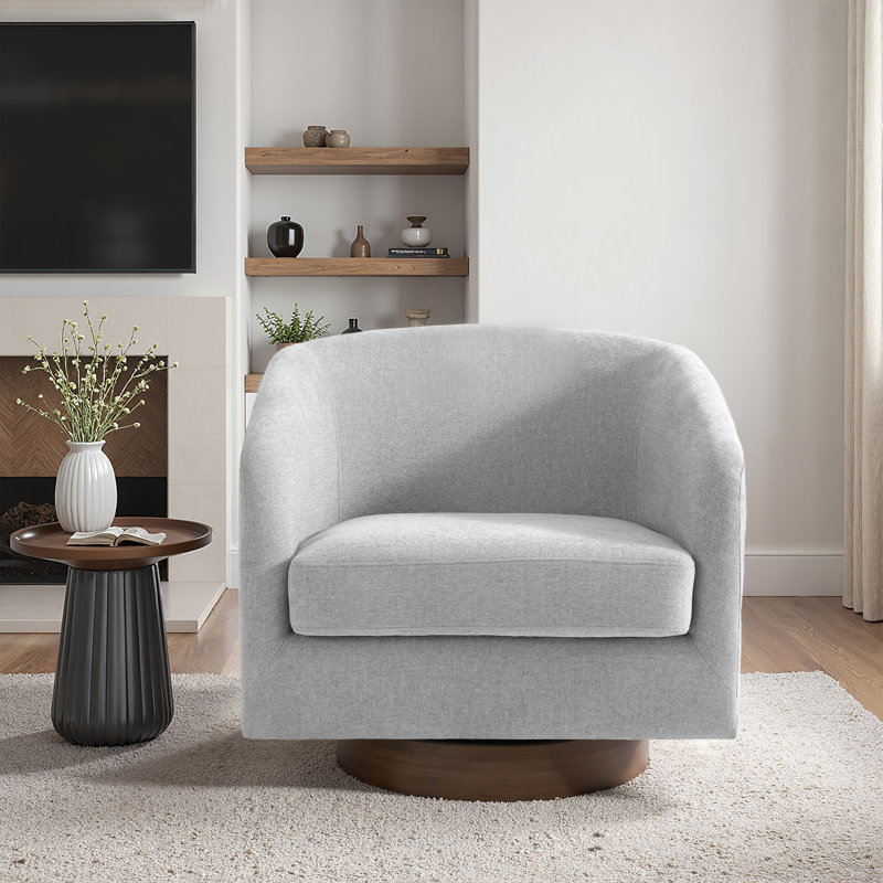 Applewold Upholstered Light Gray Chenille Swivel Barrel Chair with Solid Wood Base, Light Gray Chenille
