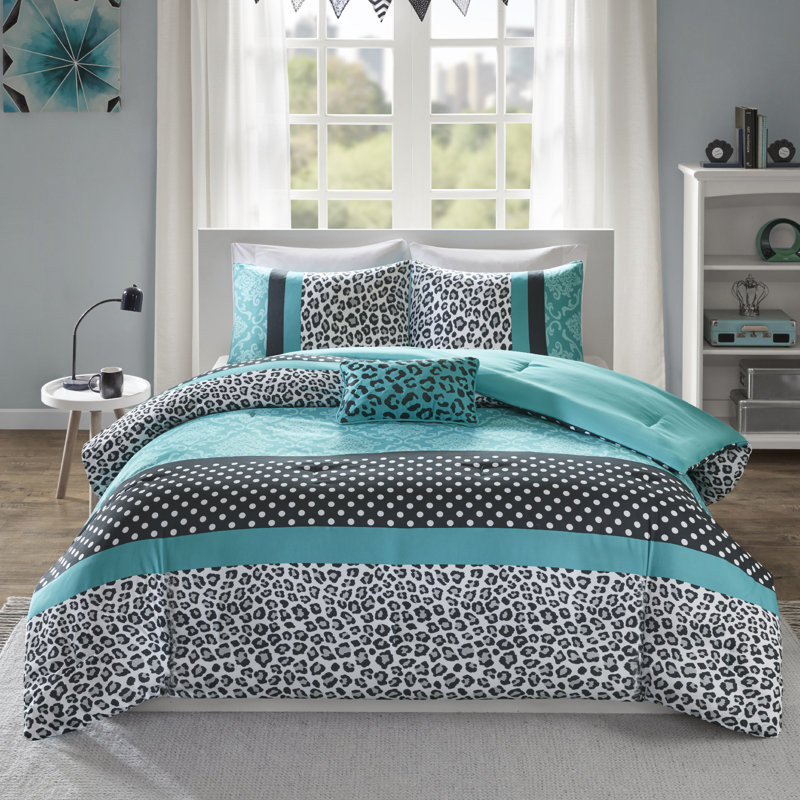 Polka Dots and Leopard Comforter Set, King/Cal King Comforter+2 Shams + Throw Pillow