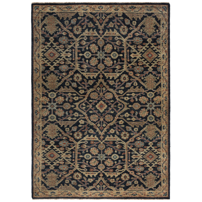 Oriental Hand-Knotted Blue / Gold Area Rug, Rectangle 6' x 9'